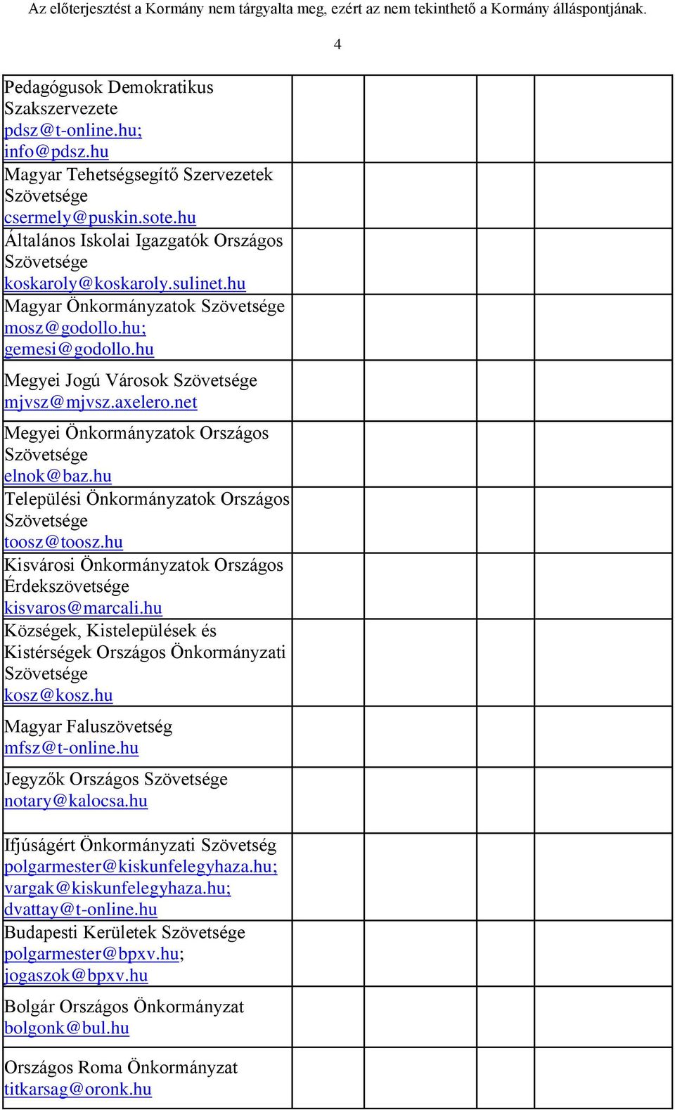 axelero.net Megyei Önkormányzatok Országos Szövetsége elnok@baz.hu Települési Önkormányzatok Országos Szövetsége toosz@toosz.hu Kisvárosi Önkormányzatok Országos Érdekszövetsége kisvaros@marcali.