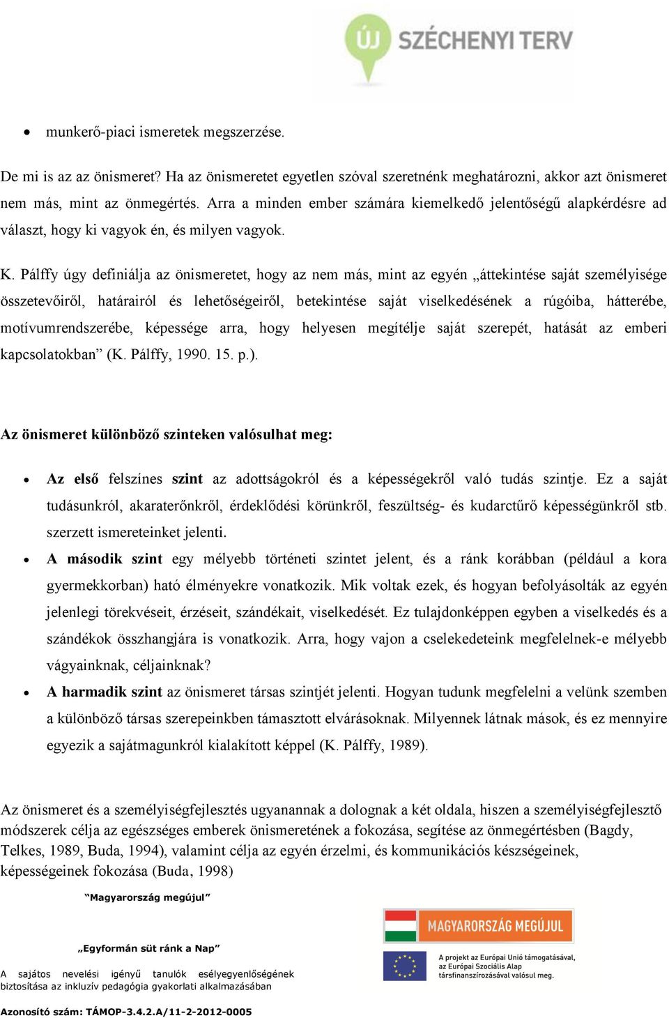 Pálffy úgy definiálja az önismeretet, hogy az nem más, mint az egyén áttekintése saját személyisége összetevőiről, határairól és lehetőségeiről, betekintése saját viselkedésének a rúgóiba, hátterébe,