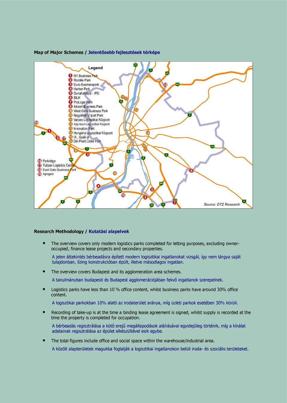 A jelen áttekintés bérbeadásra épített modern logisztikai ingatlanokat vizsgál, így nem tárgya saját tulajdonban, lízing konstrukcióban épült, illetve másodlagos ingatlan.