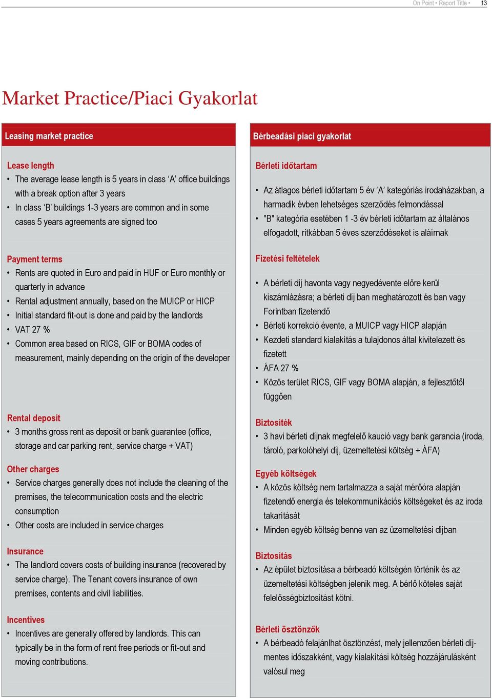 in advance Rental adjustment annually, based on the MUICP or HICP Initial standard fit-out is done and paid by the landlords VAT 27 % Common area based on RICS, GIF or BOMA codes of measurement,