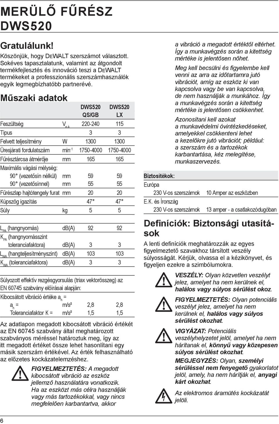 Műszaki adatok DWS520 DWS520 QS/GB LX Feszültség V e.á.