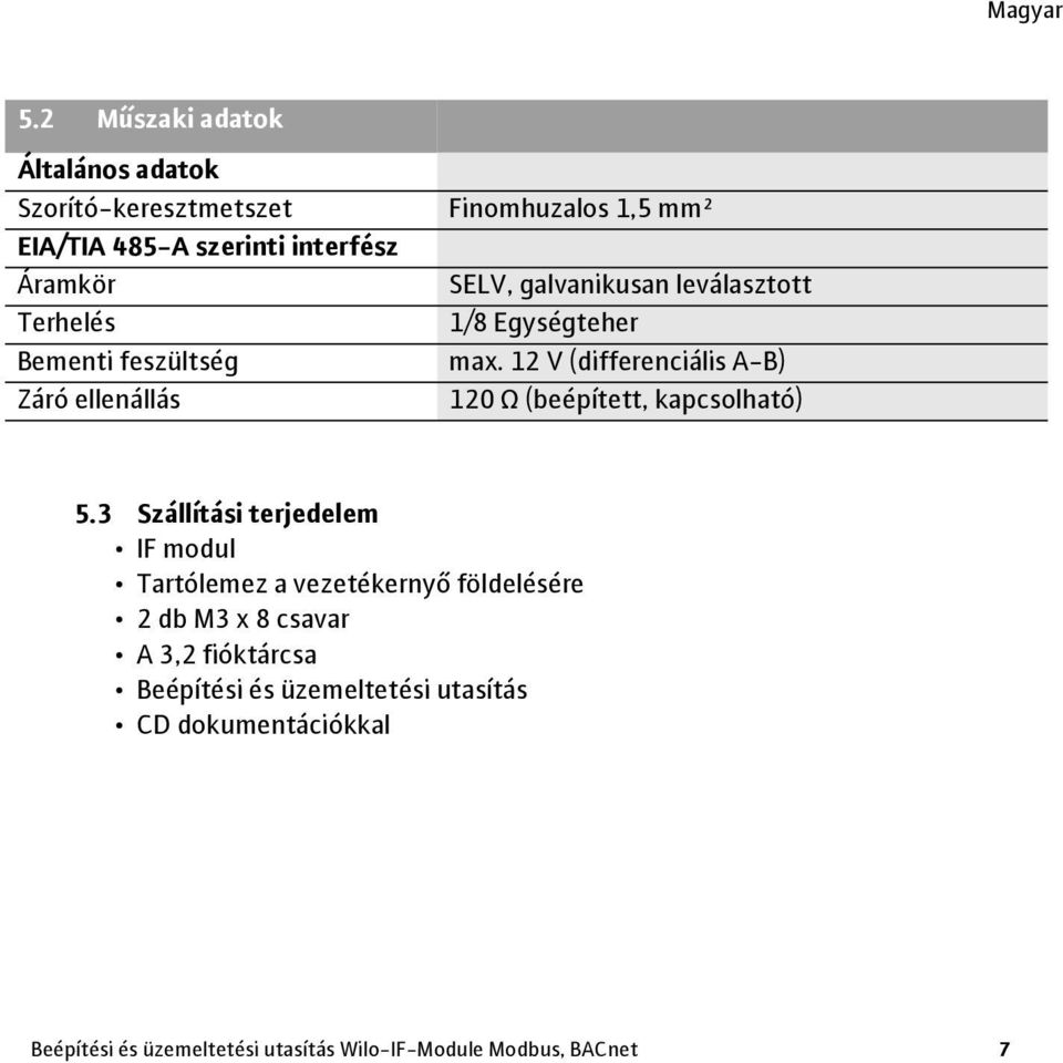 12 V (differenciális A-B) 120 Ω (beépített, kapcsolható) 5.