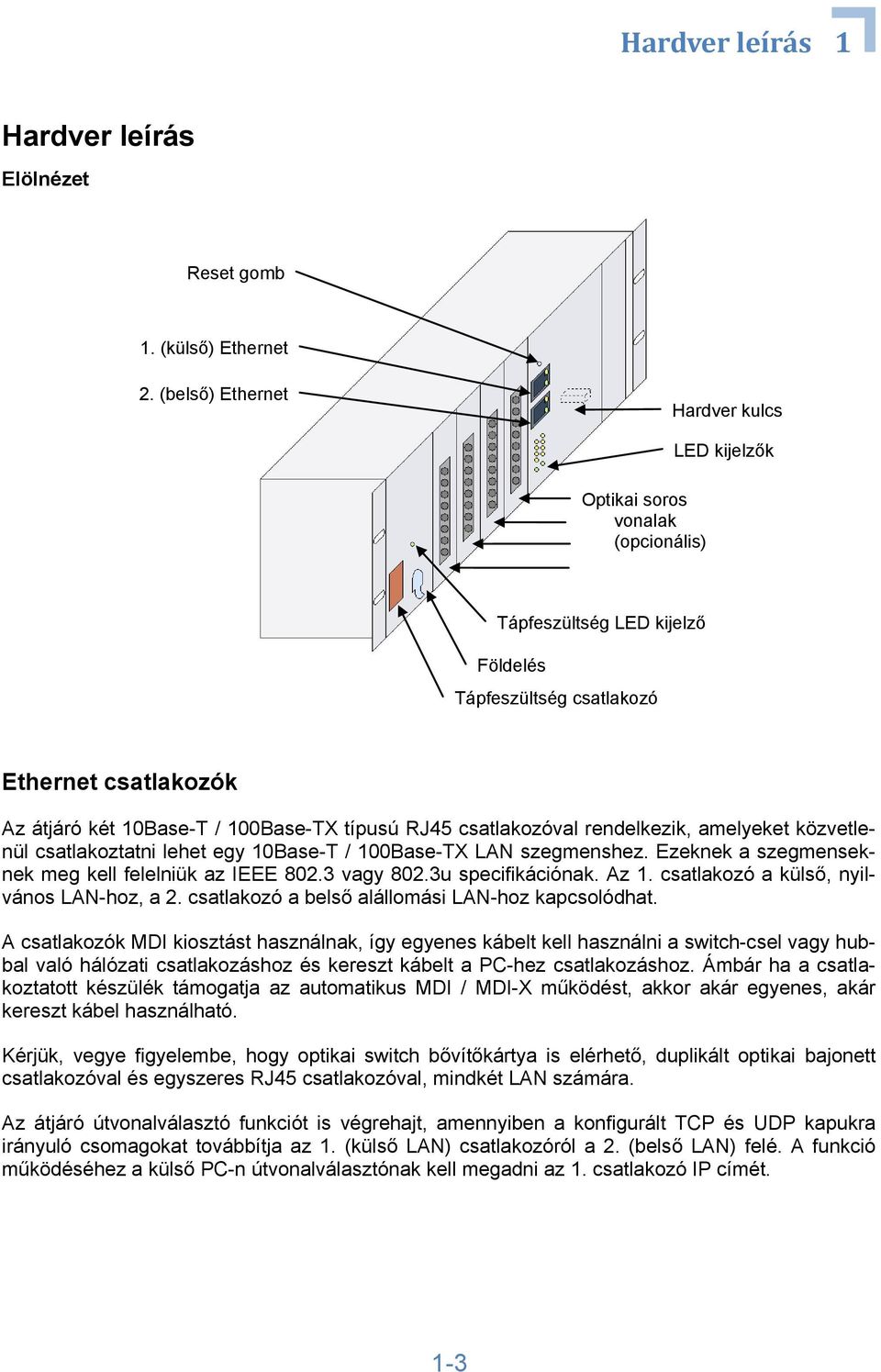 típusú RJ45 csatlakozóval rendelkezik, amelyeket közvetlenül csatlakoztatni lehet egy 10Base-T / 100Base-TX LAN szegmenshez. Ezeknek a szegmenseknek meg kell felelniük az IEEE 802.3 vagy 802.