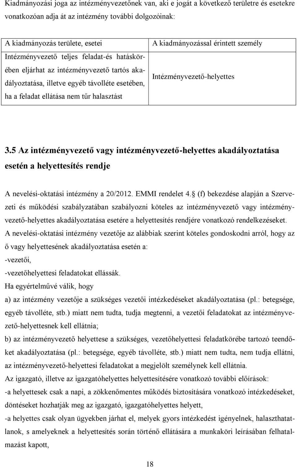 Intézményvezető-helyettes 3.5 Az intézményvezető vagy intézményvezető-helyettes akadályoztatása esetén a helyettesítés rendje A nevelési-oktatási intézmény a 20/2012. EMMI rendelet 4.