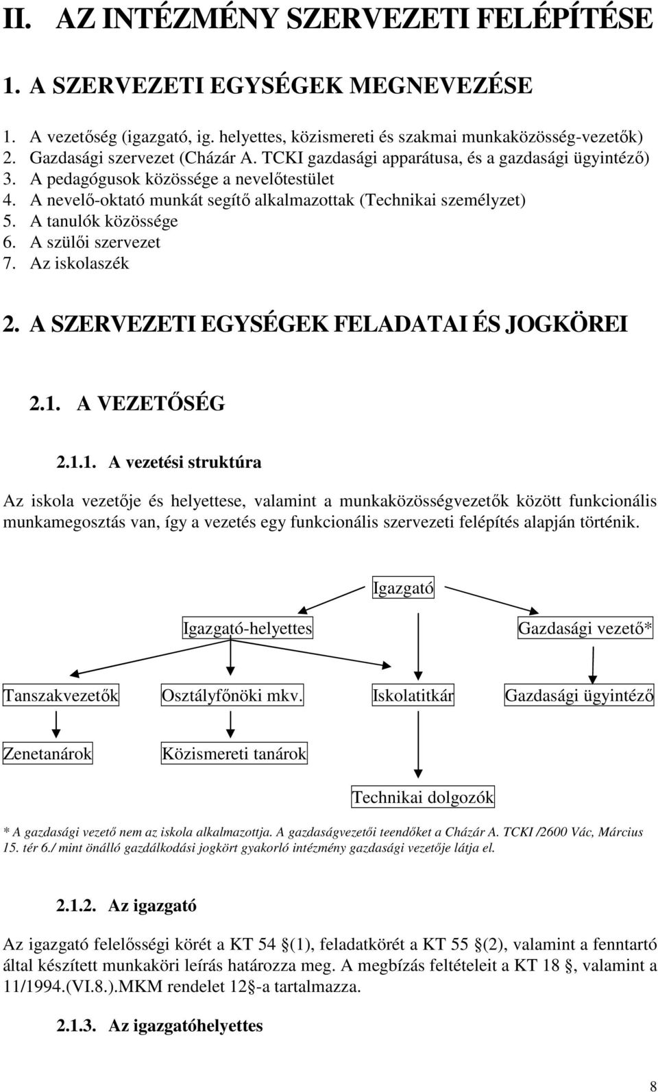 A szülői szervezet 7. Az iskolaszék 2. A SZERVEZETI EGYSÉGEK FELADATAI ÉS JOGKÖREI 2.1.