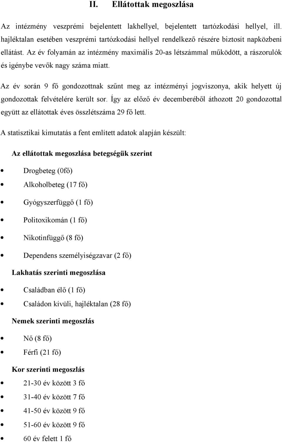 Az év folyamán az intézmény maximális 20-as létszámmal működött, a rászorulók és igénybe vevők nagy száma miatt.