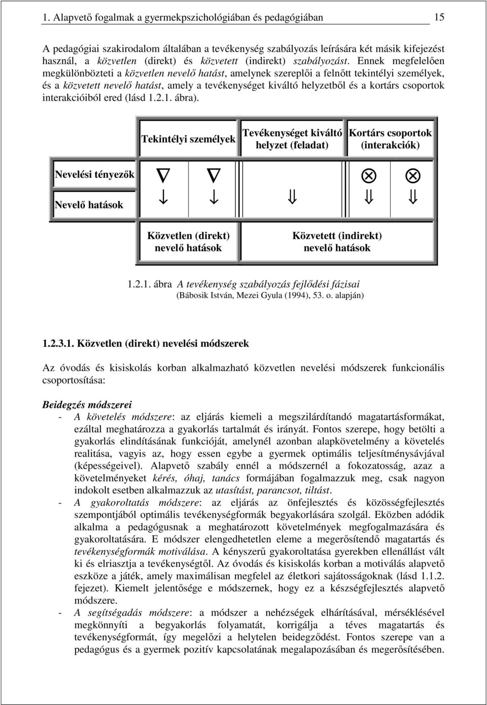 Ennek megfelelıen megkülönbözteti a közvetlen nevelı hatást, amelynek szereplıi a felnıtt tekintélyi személyek, és a közvetett nevelı hatást, amely a tevékenységet kiváltó helyzetbıl és a kortárs