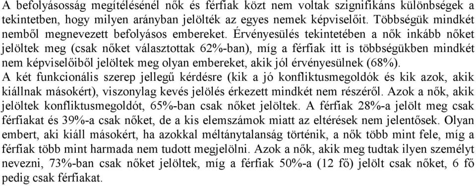 Érvényesülés tekintetében a nők inkább nőket jelöltek meg (csak nőket választottak 62%-ban), míg a férfiak itt is többségükben mindkét nem képviselőiből jelöltek meg olyan embereket, akik jól