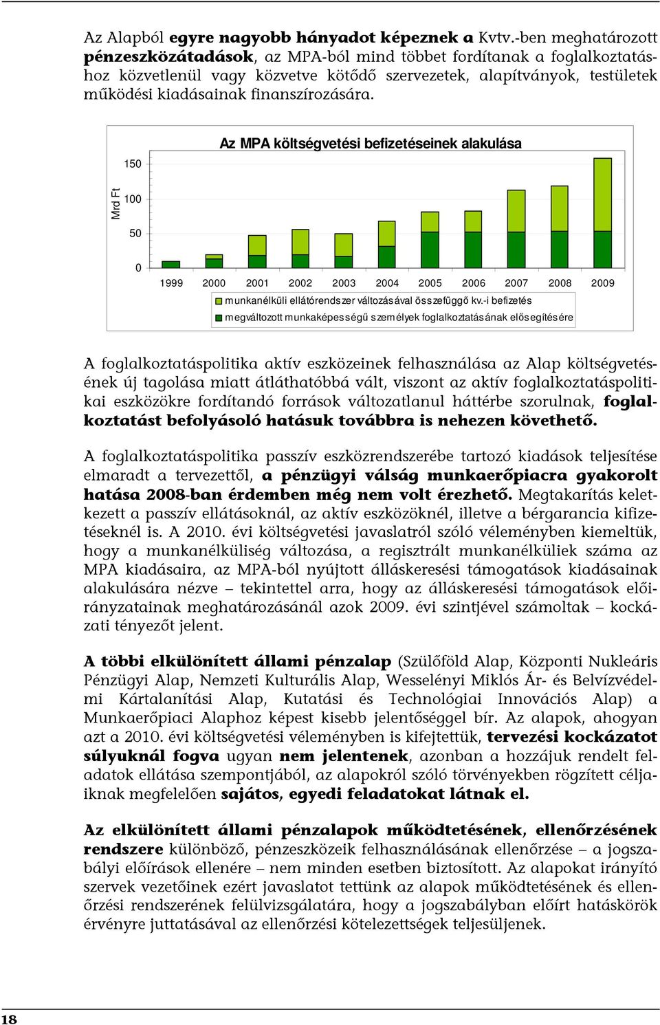 finanszírozására. 150 Az MPA költségvetési befizetéseinek alakulása Mrd Ft 100 50 0 1999 2000 2001 2002 2003 2004 2005 2006 2007 2008 2009 munkanélküli ellátórendszer változásával összefüggő kv.