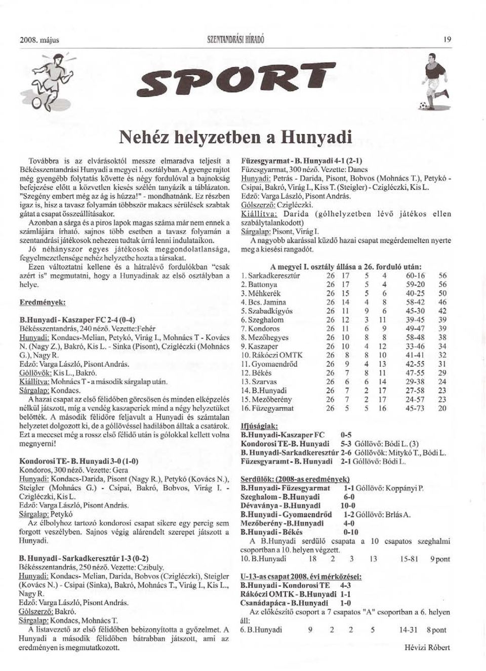 Vezette: Dancs még gyengébb folytatás követte és négy fordulóval a bajnokság Hunyadi: Petrás - Darida, Pisont, Bobvos (Mohnács T), Petykó befejezése elott a közvetlen kiesés szélén tanyázik a