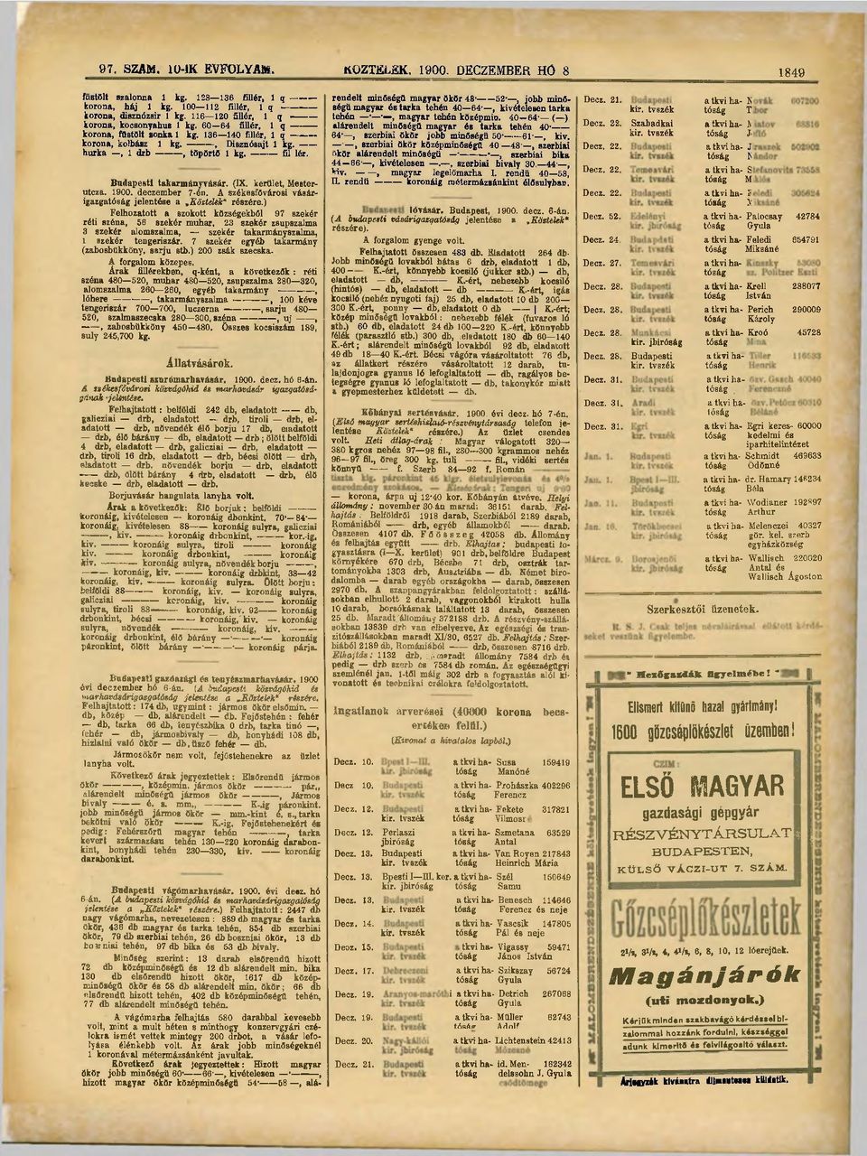 Budapesti takarmányvásár. (IX. kerület, Mesterutcza. 1900. deczember 7-én. A székesfővárosi vásárigazgatóság jelentése a,rözteuk" részére.