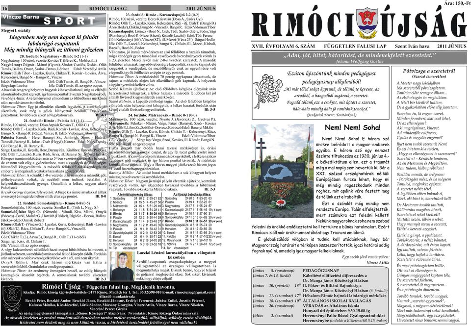 ) Nagybátony: Zsignár - Mátrai (Gyura), Sándor, Csatlós, Dudás - Oláh Tamás, Balázs, Orosz, Szabó - Benus, Lõrincz Edzõ: Verebélyi Attila Rimóc: Oláh Tibor - Laczkó, Kuris, Chikán T.