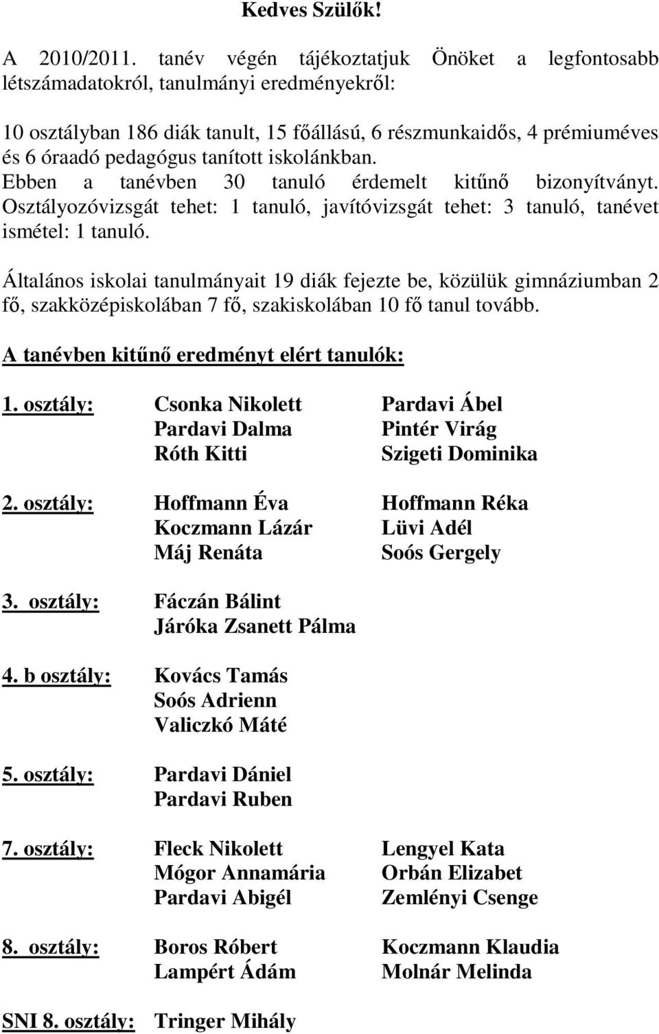 iskolánkban. Ebben a tanévben 30 tanuló érdemelt kitőnı bizonyítványt. Osztályozóvizsgát tehet: 1 tanuló, javítóvizsgát tehet: 3 tanuló, tanévet ismétel: 1 tanuló.