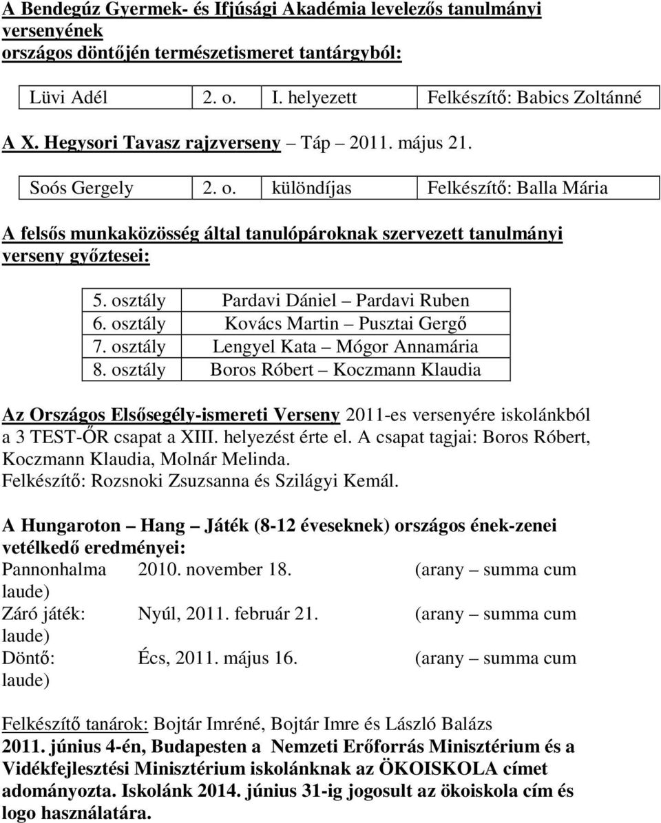 osztály Pardavi Dániel Pardavi Ruben 6. osztály Kovács Martin Pusztai Gergı 7. osztály Lengyel Kata Mógor Annamária 8.