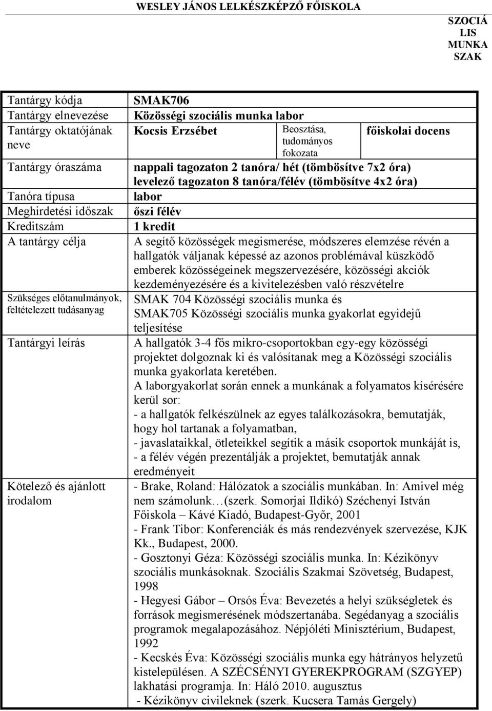 docens nappali tagozaton 2 tanóra/ hét (tömbösítve 7x2 óra) levelező tagozaton 8 tanóra/félév (tömbösítve 4x2 óra) labor őszi félév 1 kredit A segítő közösségek megismerése, módszeres elemzése révén