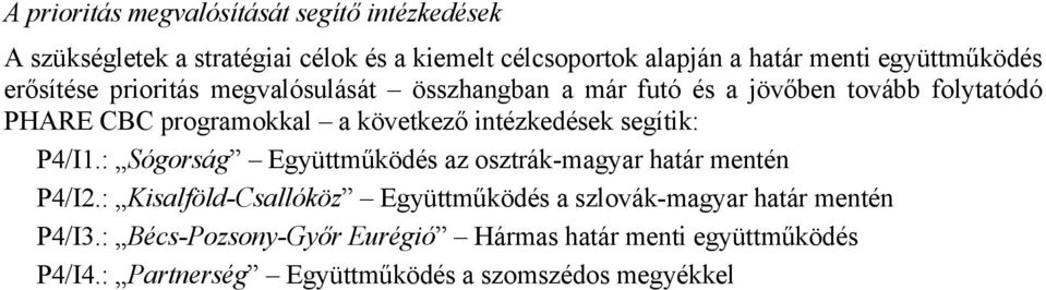 következő intézkedések segítik: P4/I1.: Sógorság Együttműködés az osztrák-magyar határ mentén P4/I2.