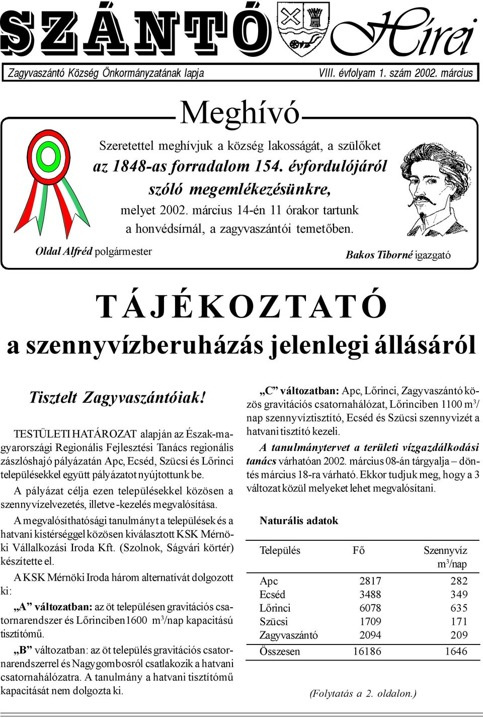 Oldal Alfréd polgármester Bakos Tiborné igazgató TÁJÉKOZTATÓ a szennyvízberuházás jelenlegi állásáról Tisztelt Zagyvaszántóiak!