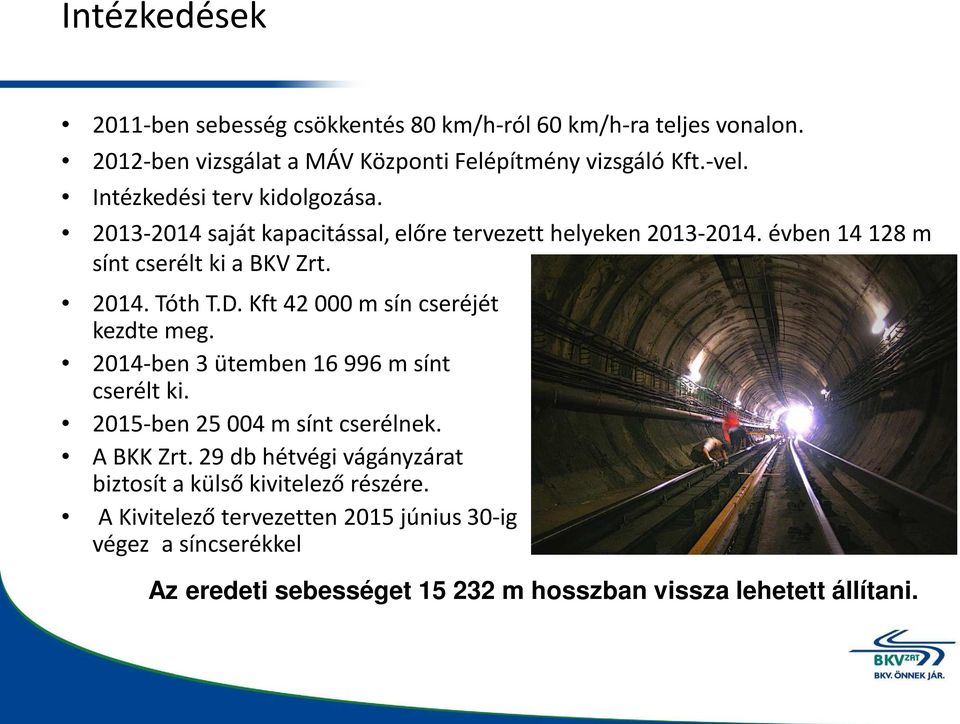 Kft 42 000 m sín cseréjét kezdte meg. 2014-ben 3 ütemben 16 996 m sínt cserélt ki. 2015-ben 25 004 m sínt cserélnek. A BKK Zrt.