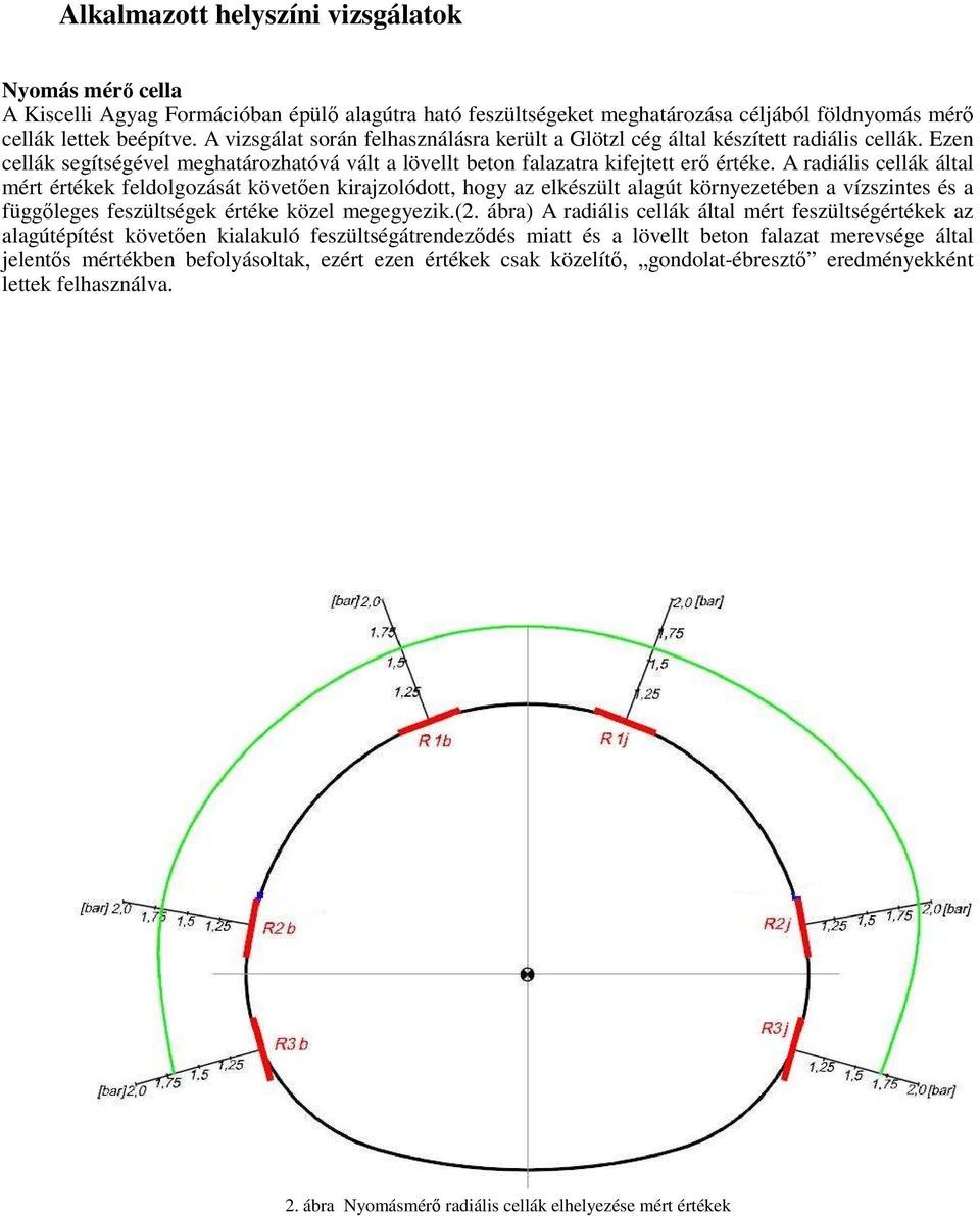 A radiális cellák által mért értékek feldolgozását követően kirajzolódott, hogy az elkészült alagút környezetében a vízszintes és a függőleges feszültségek értéke közel megegyezik.(2.