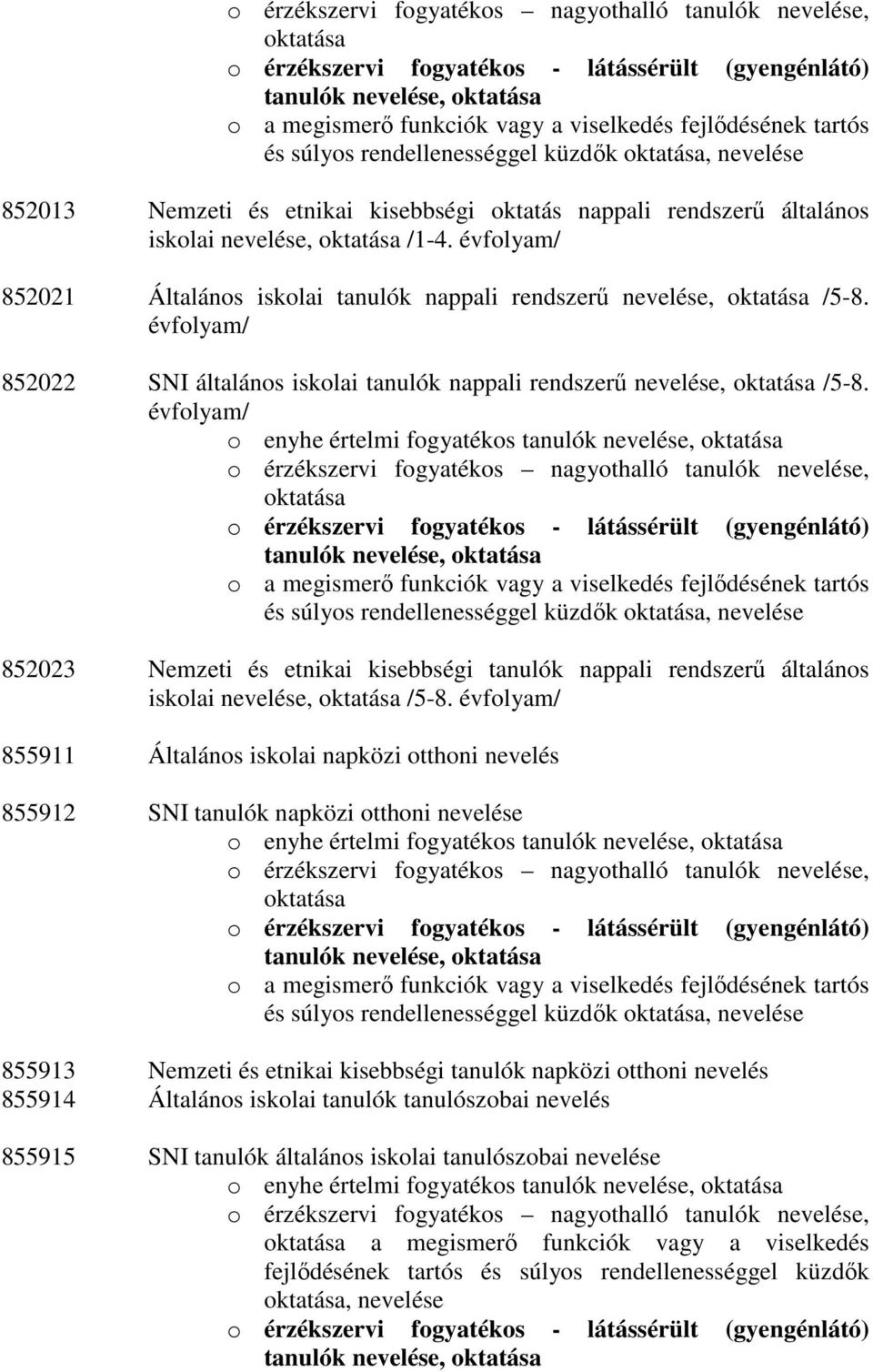 évfolyam/ 852021 Általános iskolai tanulók nappali rendszerű nevelése, oktatása /5-8. évfolyam/ 852022 SNI általános iskolai tanulók nappali rendszerű nevelése, oktatása /5-8.