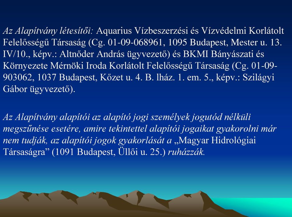 01-09- 903062, 1037 Budapest, Kőzet u. 4. B. lház. 1. em. 5., képv.: Szilágyi Gábor ügyvezető).