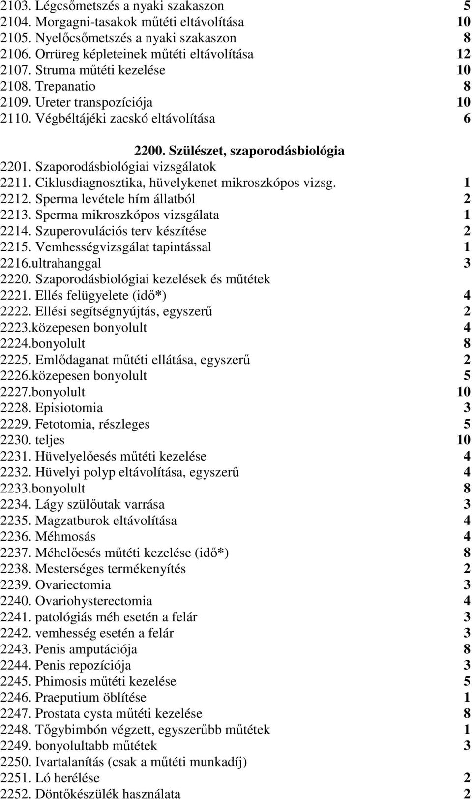 Ciklusdiagnosztika, hüvelykenet mikroszkópos vizsg. 1 2212. Sperma levétele hím állatból 2 2213. Sperma mikroszkópos vizsgálata 1 2214. Szuperovulációs terv készítése 2 2215.