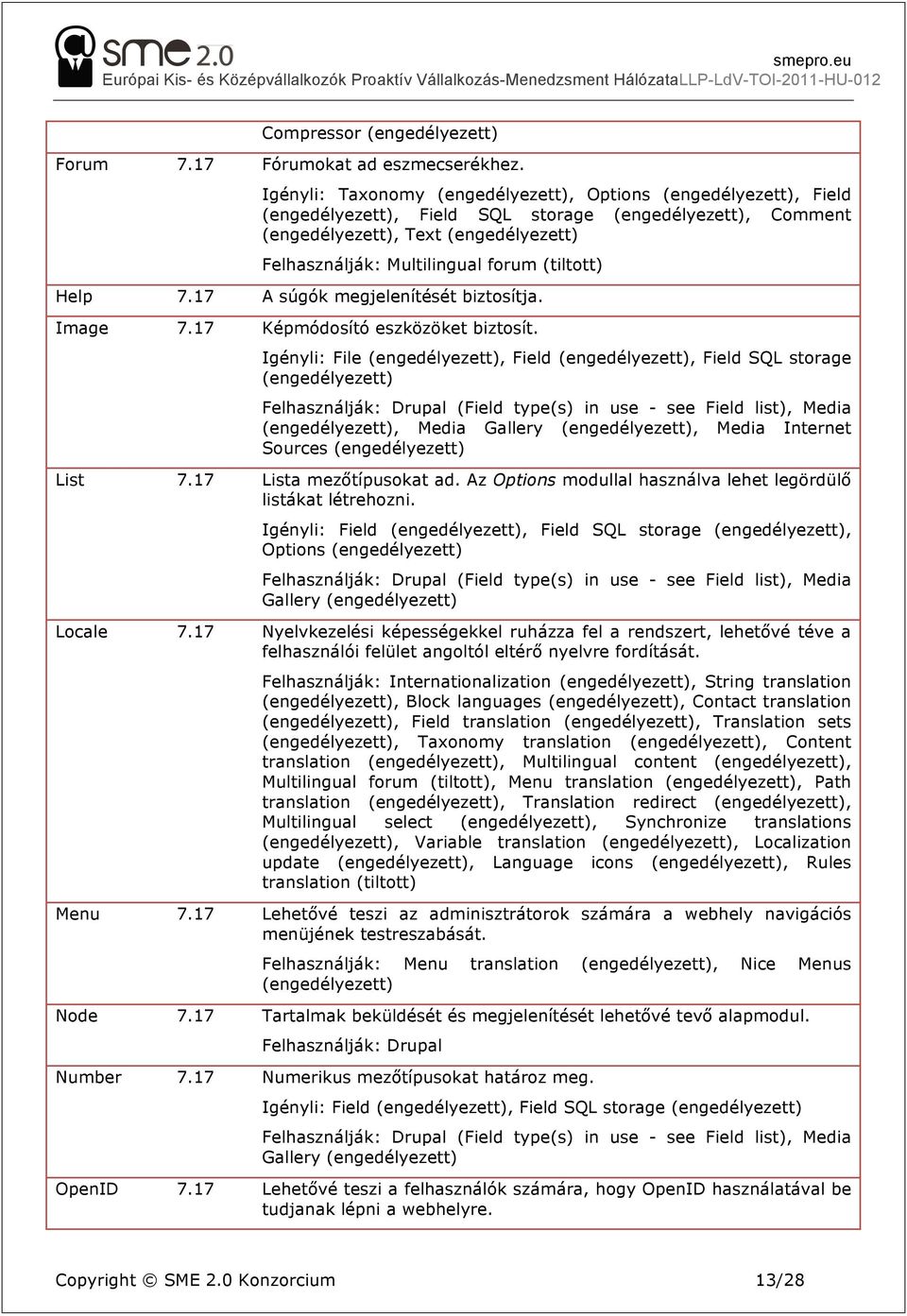 Igényli: File, Field, Field SQL storage Felhasználják: Drupal (Field type(s) in use - see Field list), Media, Media Gallery, Media Internet Sources List 7.17 Lista mezőtípusokat ad.