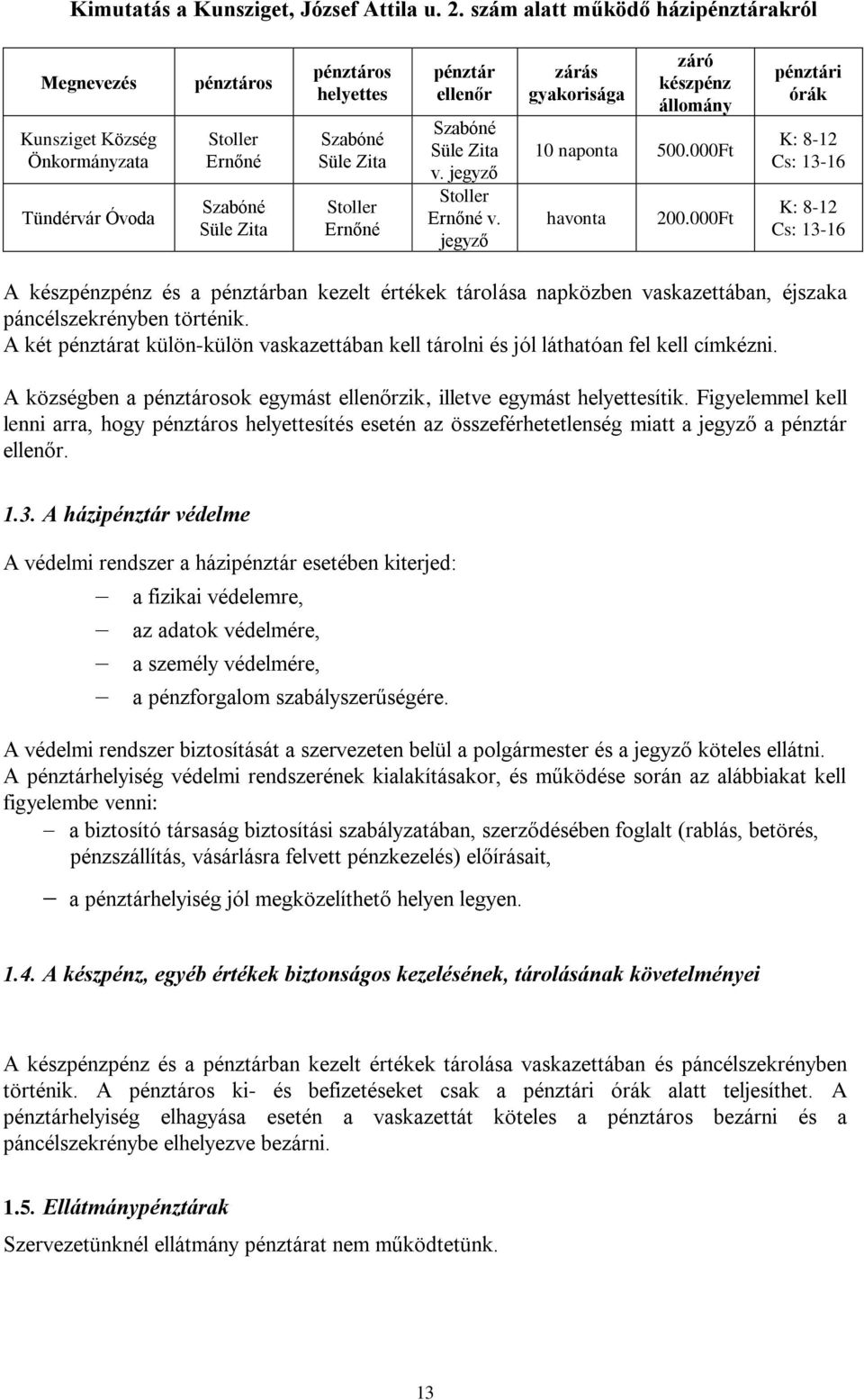 ellenőr Szabóné Süle Zita v. jegyző Stoller Ernőné v. jegyző zárás gyakorisága záró készpénz állomány 10 naponta 500.000Ft havonta 200.