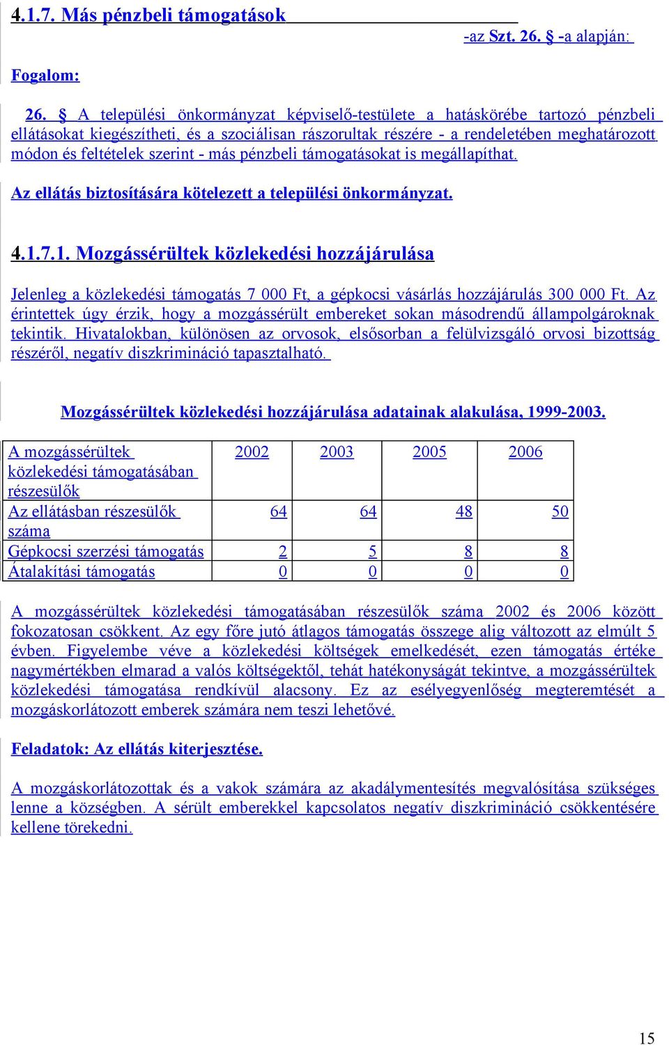 - más pénzbeli támogatásokat is megállapíthat. Az ellátás biztosítására kötelezett a települési önkormányzat. 4.1.