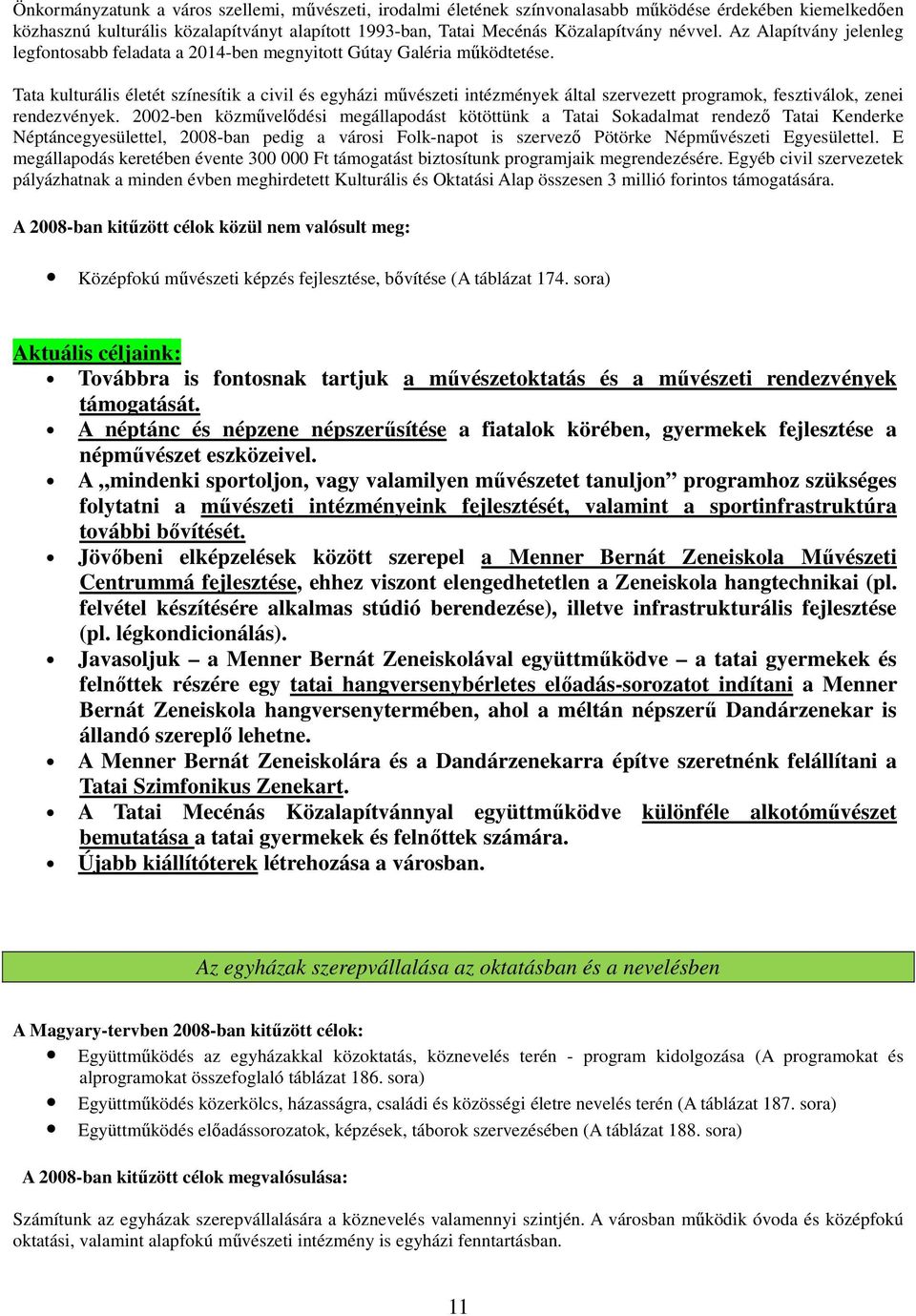 Tata kulturális életét színesítik a civil és egyházi művészeti intézmények által szervezett programok, fesztiválok, zenei rendezvények.