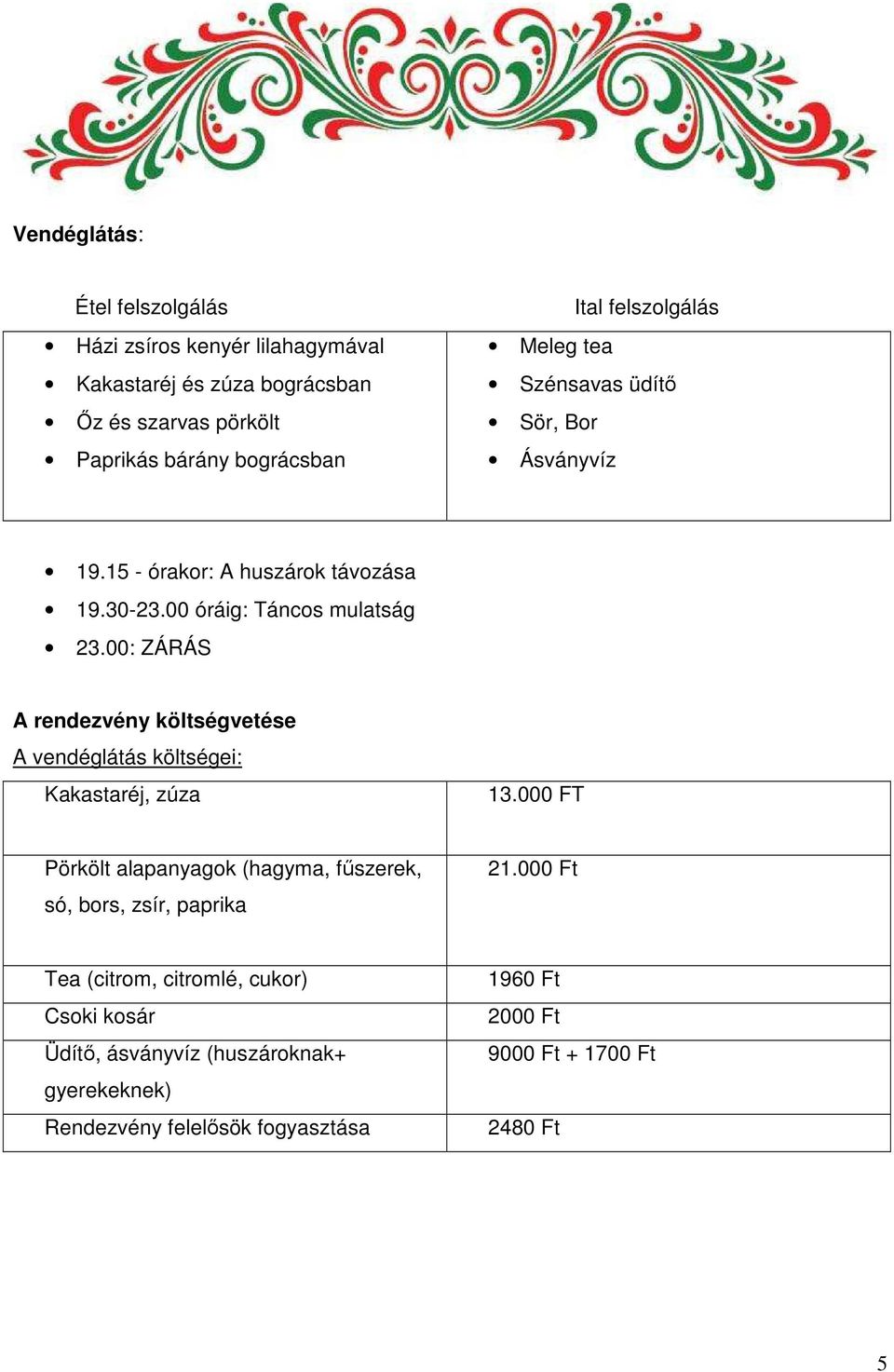 00: ZÁRÁS A rendezvény költségvetése A vendéglátás költségei: Kakastaréj, zúza 13.