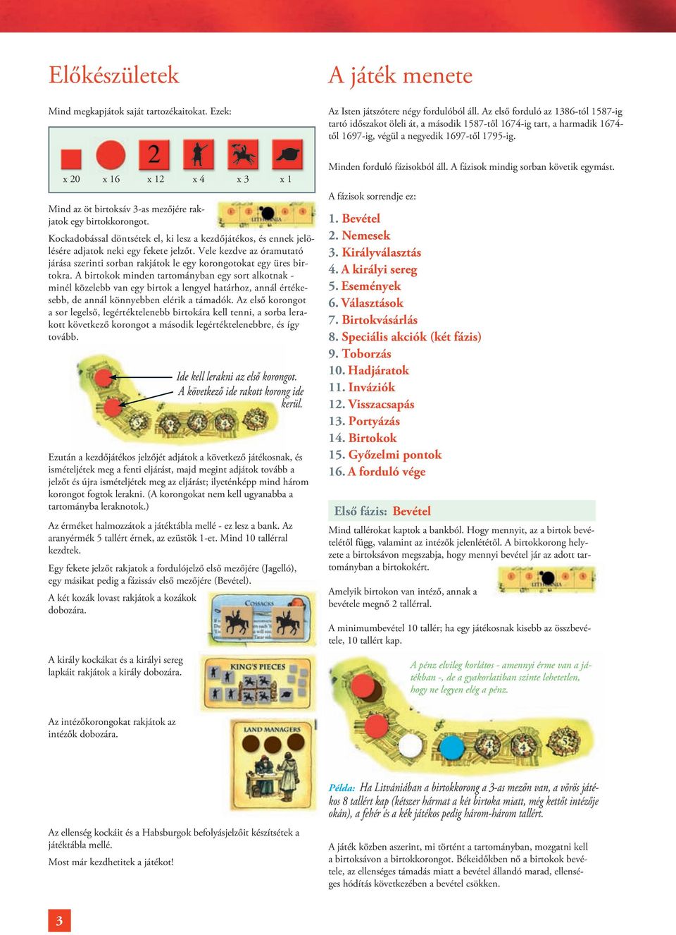x 20 x 16 x 12 x 4 x 3 x 1 Mind az öt birtoksáv 3-as mezőjére rakjatok egy birtokkorongot. Kockadobással döntsétek el, ki lesz a kezdőjátékos, és ennek jelölésére adjatok neki egy fekete jelzőt.