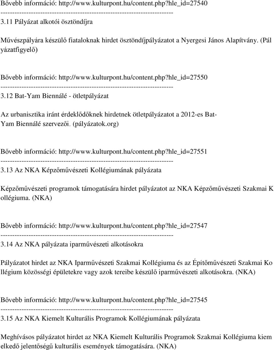 12 Bat-Yam Biennálé - ötletpályázat Az urbanisztika iránt érdeklődőknek hirdetnek ötletpályázatot a 2012-es Bat- Yam Biennálé szervezői. (pályázatok.org) Bővebb információ: http://www.kulturpont.