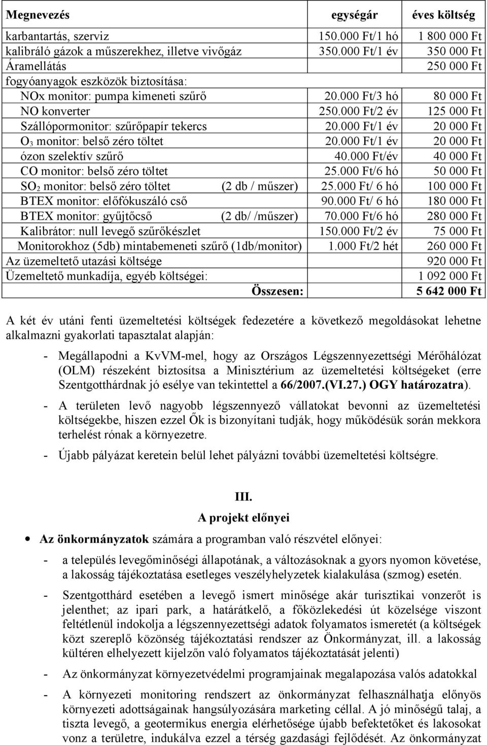 BTEX monitor: gyűjtőcső (2 db/ /műszer) Kalibrátor: null levegő szűrőkészlet Monitorokhoz (5db) mintabemeneti szűrő (1db/monitor) Az üzemeltető utazási költsége Üzemeltető munkadíja, egyéb költségei: