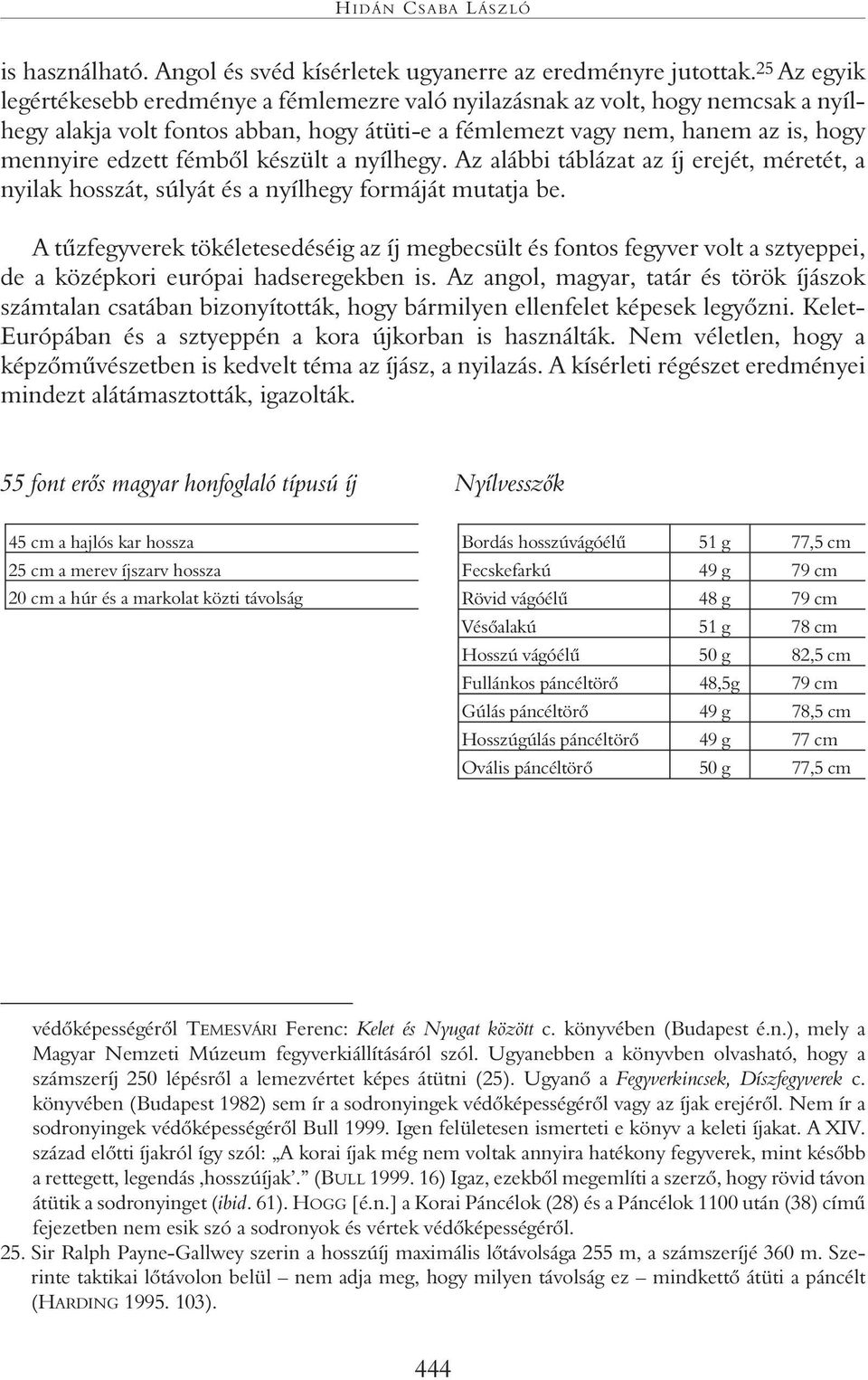 fémbôl készült a nyílhegy. Az alábbi táblázat az íj erejét, méretét, a nyilak hosszát, súlyát és a nyílhegy formáját mutatja be.