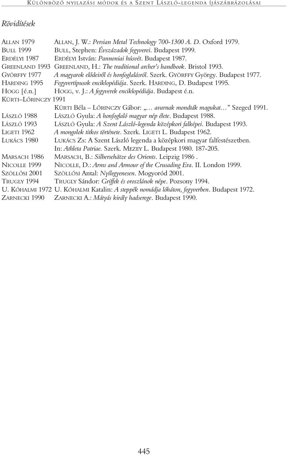 Bristol 1993. GYÖRFFY 1977 A magyarok elôdeirôl és honfoglalásról. Szerk. GYÖRFFY György. Budapest 1977. HARDING 1995 Fegyvertípusok enciklopédiája. Szerk. HARDING, D. Budapest 1995. HOGG [é.n.] HOGG, v.