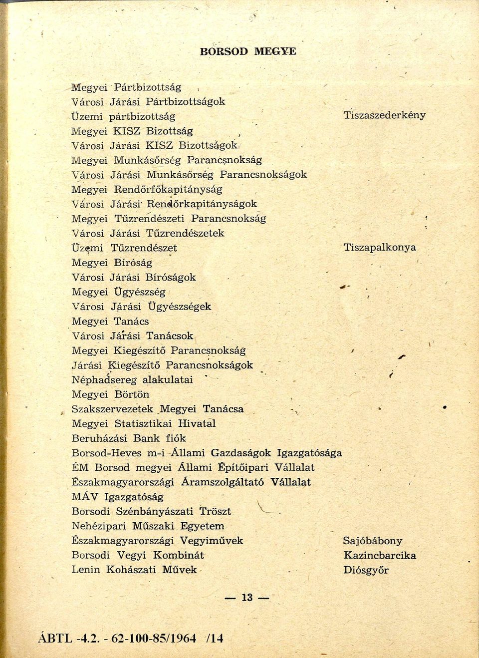 Bíróság Városi Járási Bíróságok Megyei Ügyészség * Városi Járási Ügyészségek Megyei Tanács Városi Járási Tanácsok Megyei Kiegészítő Parancsnokság > Járási Kiegészítő Parancsnokságok Néphadsereg