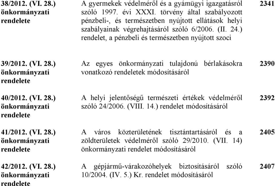 (VI. 28.) önkormányzati rendelete 40/2012. (VI. 28.) önkormányzati rendelete 41/2012. (VI. 28.) önkormányzati rendelete 42/2012. (VI. 28.) önkormányzati rendelete Az egyes önkormányzati tulajdonú bérlakásokra vonatkozó rendeletek módosításáról A helyi jelentőségű természeti értékek védelméről szóló 24/2006.