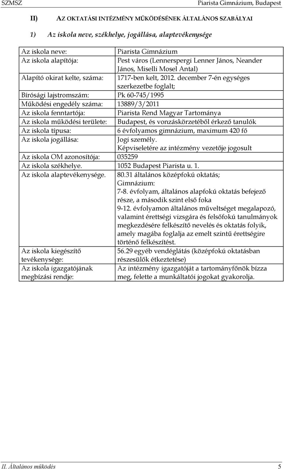 december 7-én egységes szerkezetbe foglalt; Bírósági lajstromszám: Pk 60-745/1995 Működési engedély száma: 13889/3/2011 Az iskola fenntartója: Piarista Rend Magyar Tartománya Az iskola működési