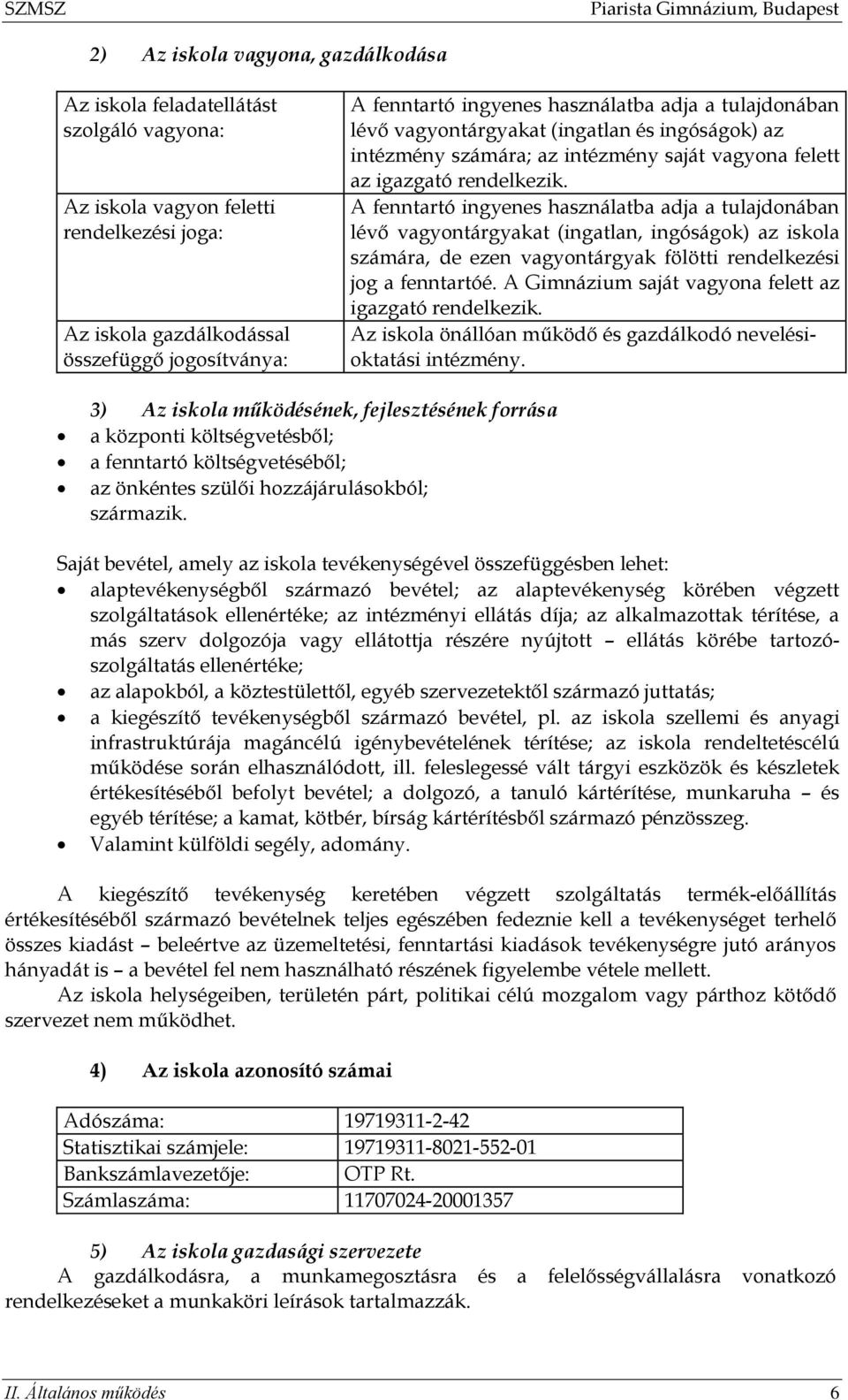 A fenntartó ingyenes használatba adja a tulajdonában lévő vagyontárgyakat (ingatlan, ingóságok) az iskola számára, de ezen vagyontárgyak fölötti rendelkezési jog a fenntartóé.