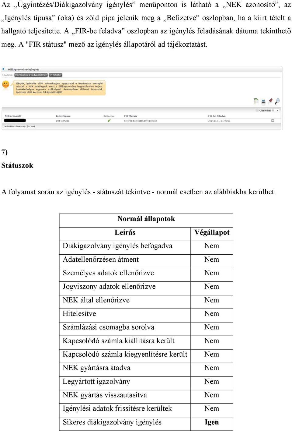 7) Státuszok A folyamat során az igénylés - státuszát tekintve - normál esetben az alábbiakba kerülhet.