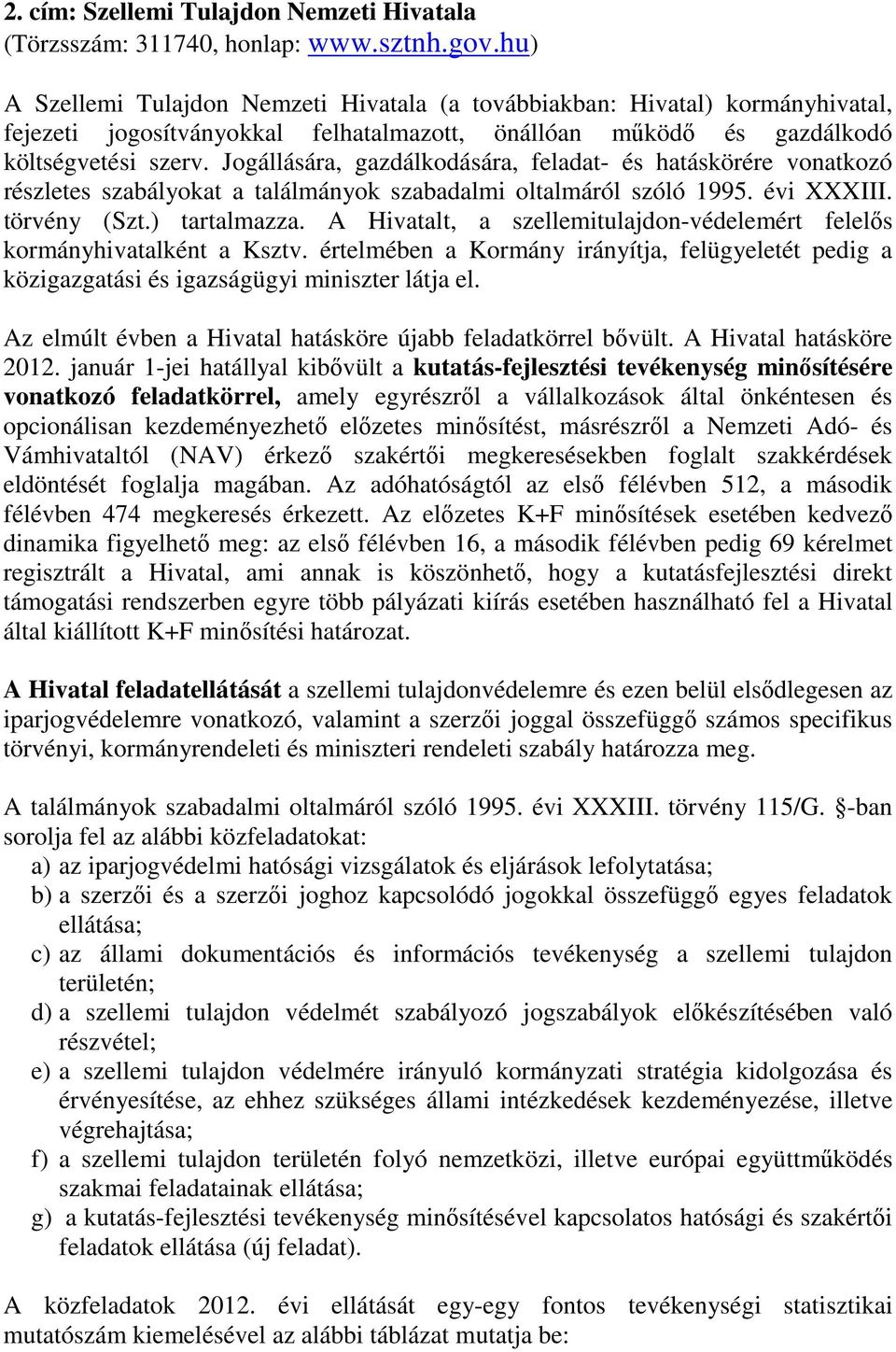 Jogállására, gazdálkodására, feladat- és hatáskörére vonatkozó részletes szabályokat a találmányok szabadalmi oltalmáról szóló 1995. évi XXXIII. törvény (Szt.) tartalmazza.