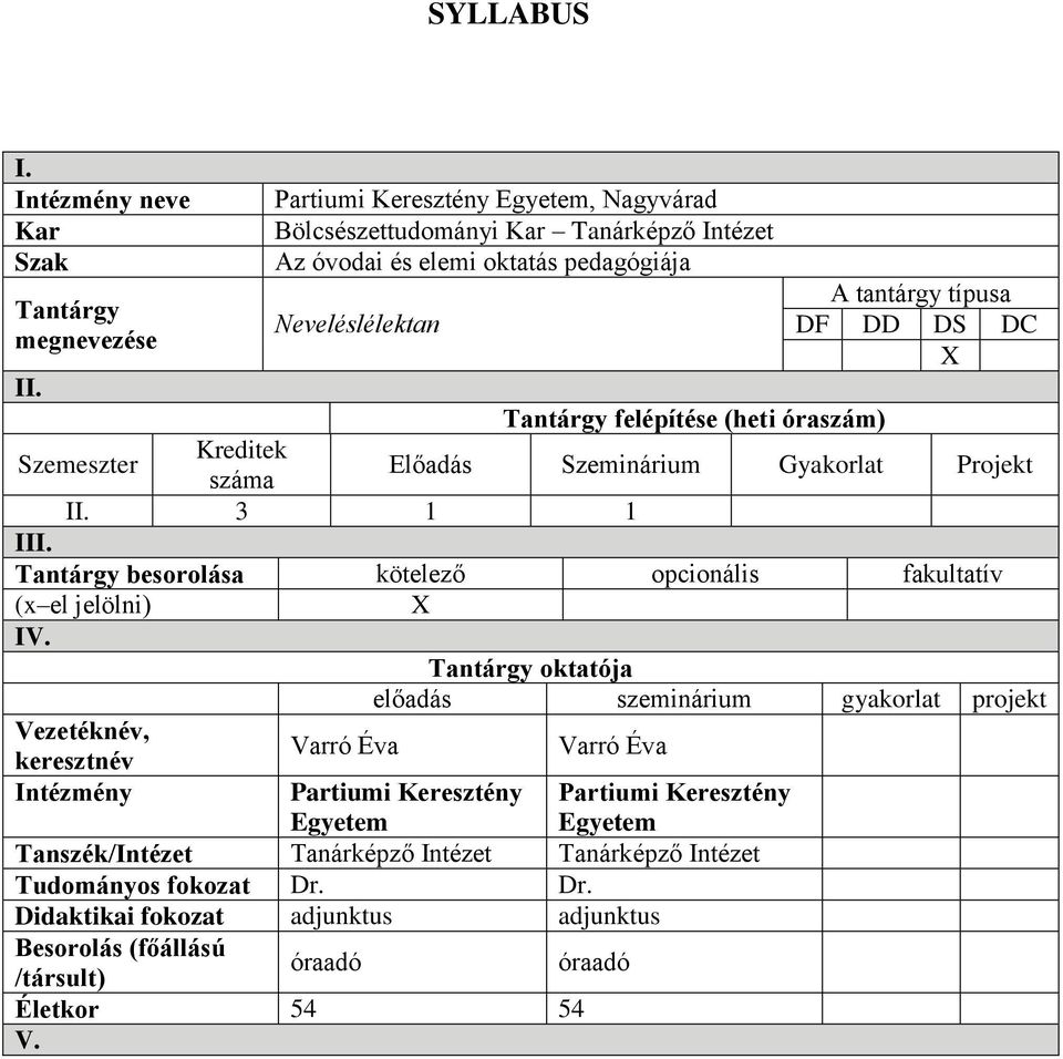 tantárgy típusa DF DD DS DC X II. Tantárgy felépítése (heti óraszám) Szemeszter Kreditek száma Előadás Szeminárium Gyakorlat Projekt II. 3 III.