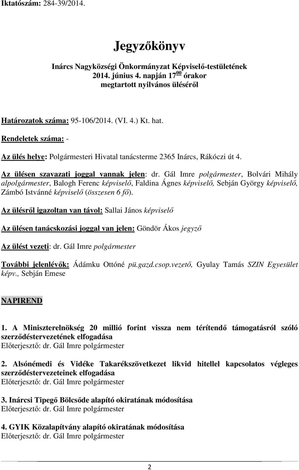 Gál Imre polgármester, Bolvári Mihály alpolgármester, Balogh Ferenc képviselő, Faldina Ágnes képviselő, Sebján György képviselő, Zámbó Istvánné képviselő (összesen 6 fő).