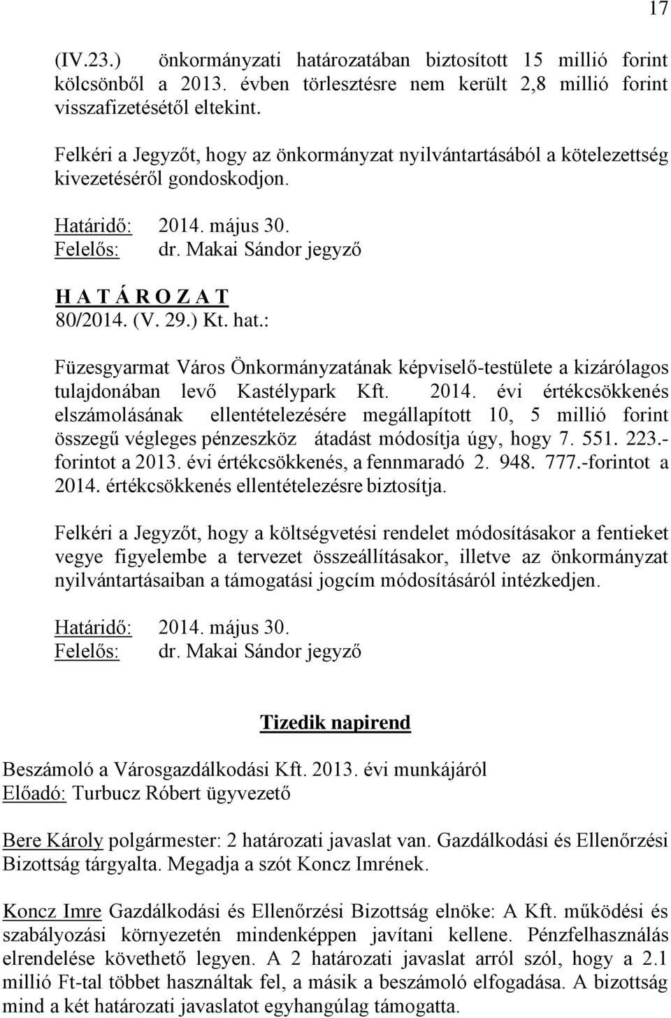 : Füzesgyarmat Város Önkormányzatának képviselő-testülete a kizárólagos tulajdonában levő Kastélypark Kft. 2014.