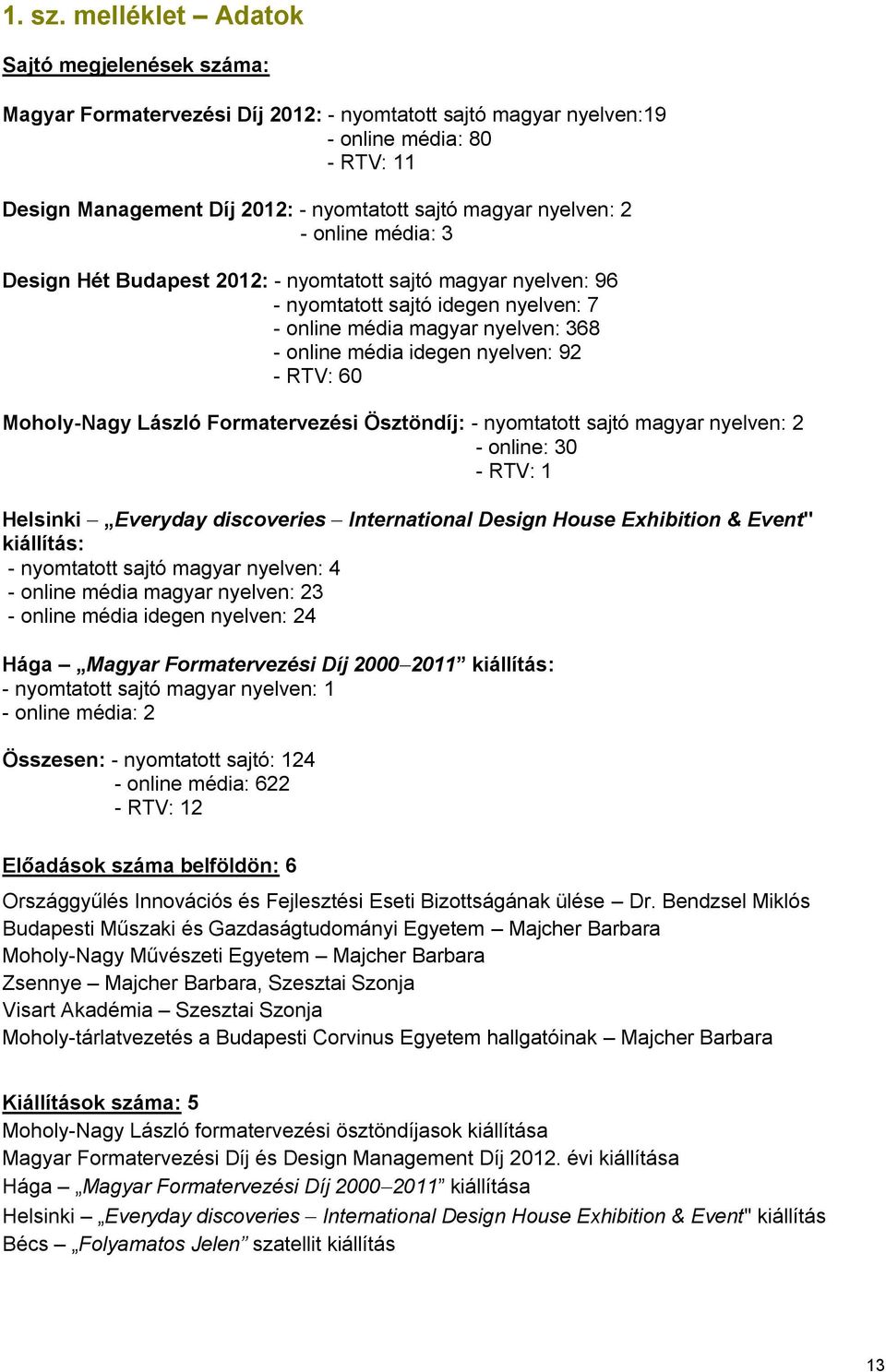 nyelven: 2 - online média: 3 Design Hét Budapest 2012: - nyomtatott sajtó magyar nyelven: 96 - nyomtatott sajtó idegen nyelven: 7 - online média magyar nyelven: 368 - online média idegen nyelven: 92