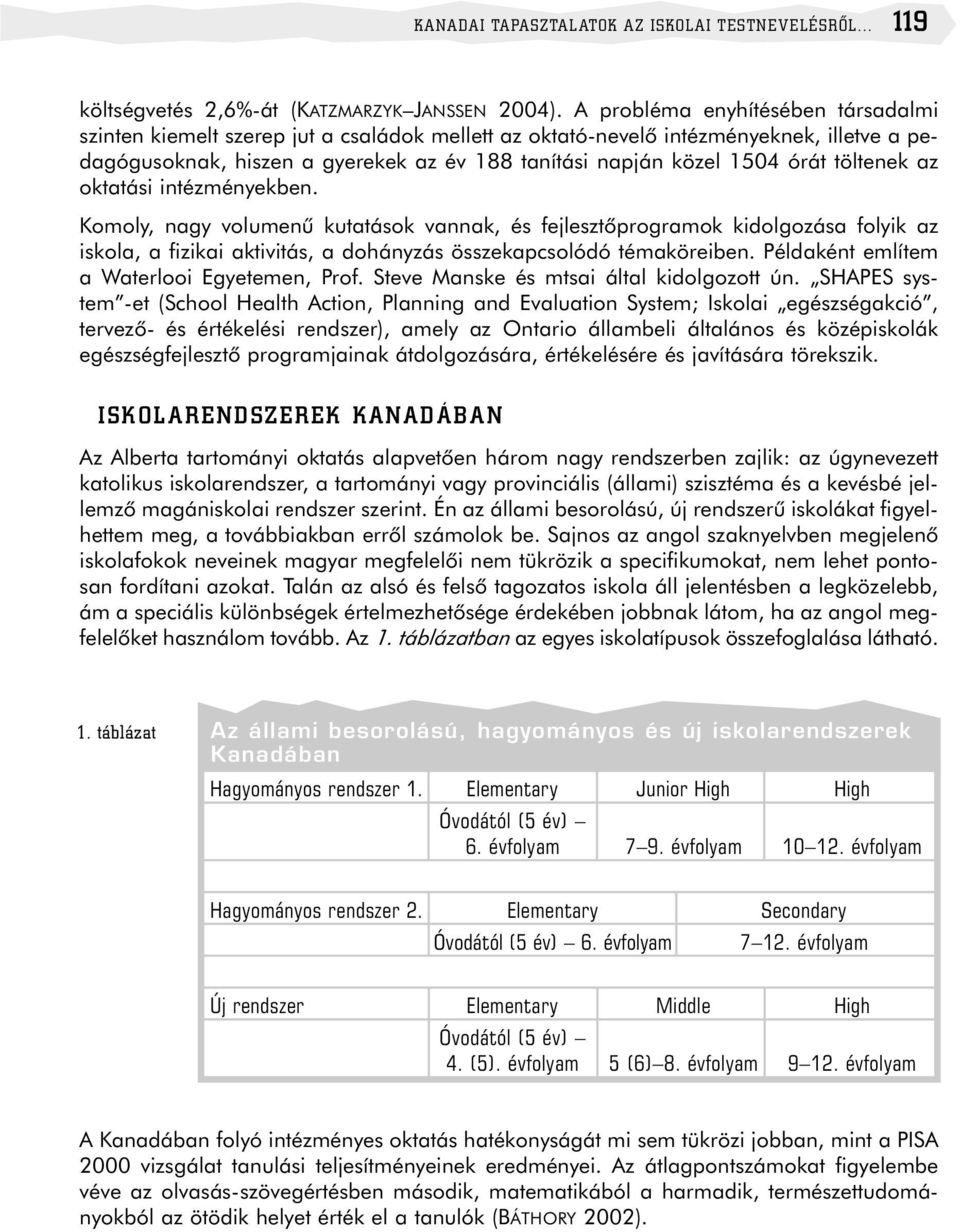 töltenek az oktatási intézményekben. Komoly, nagy volumenû kutatások vannak, és fejlesztõprogramok kidolgozása folyik az iskola, a fizikai aktivitás, a dohányzás összekapcsolódó témaköreiben.