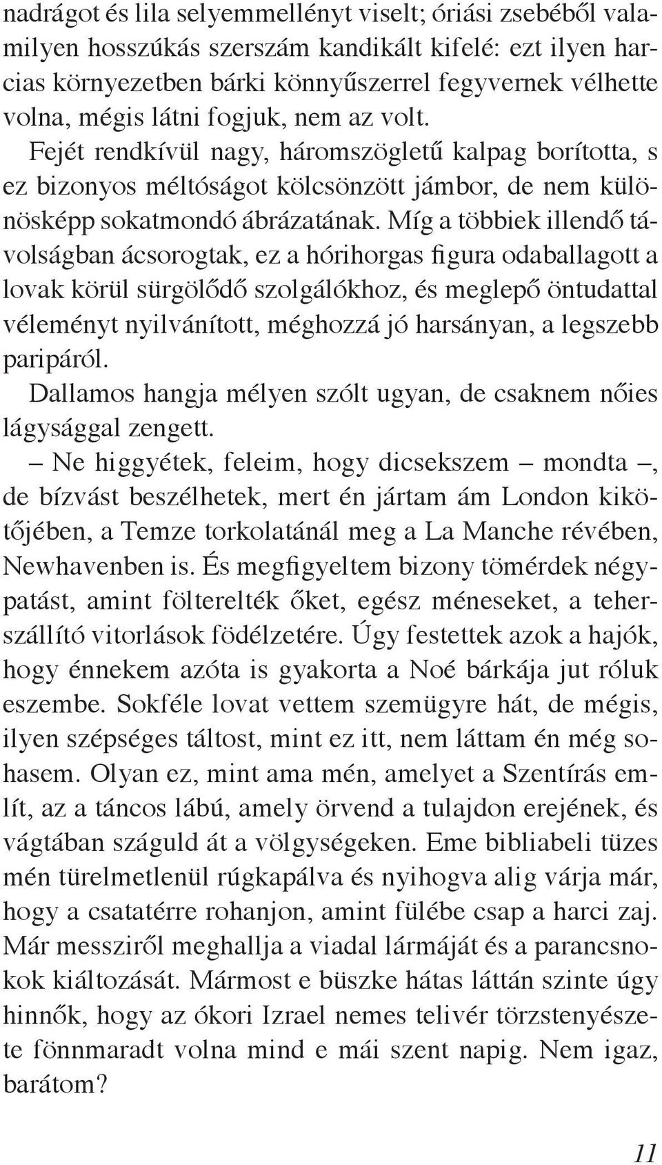 Míg a többiek illendő távolságban ácsorogtak, ez a hórihorgas figura odaballagott a lovak körül sürgölődő szolgálókhoz, és meglepő öntudattal véleményt nyilvánított, méghozzá jó harsányan, a legszebb