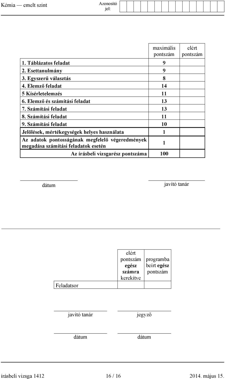 Számítási feladat 10 Jelölések, mértékegységek helyes használata 1 Az adatok pontosságának megfelelő végeredmények megadása számítási feladatok