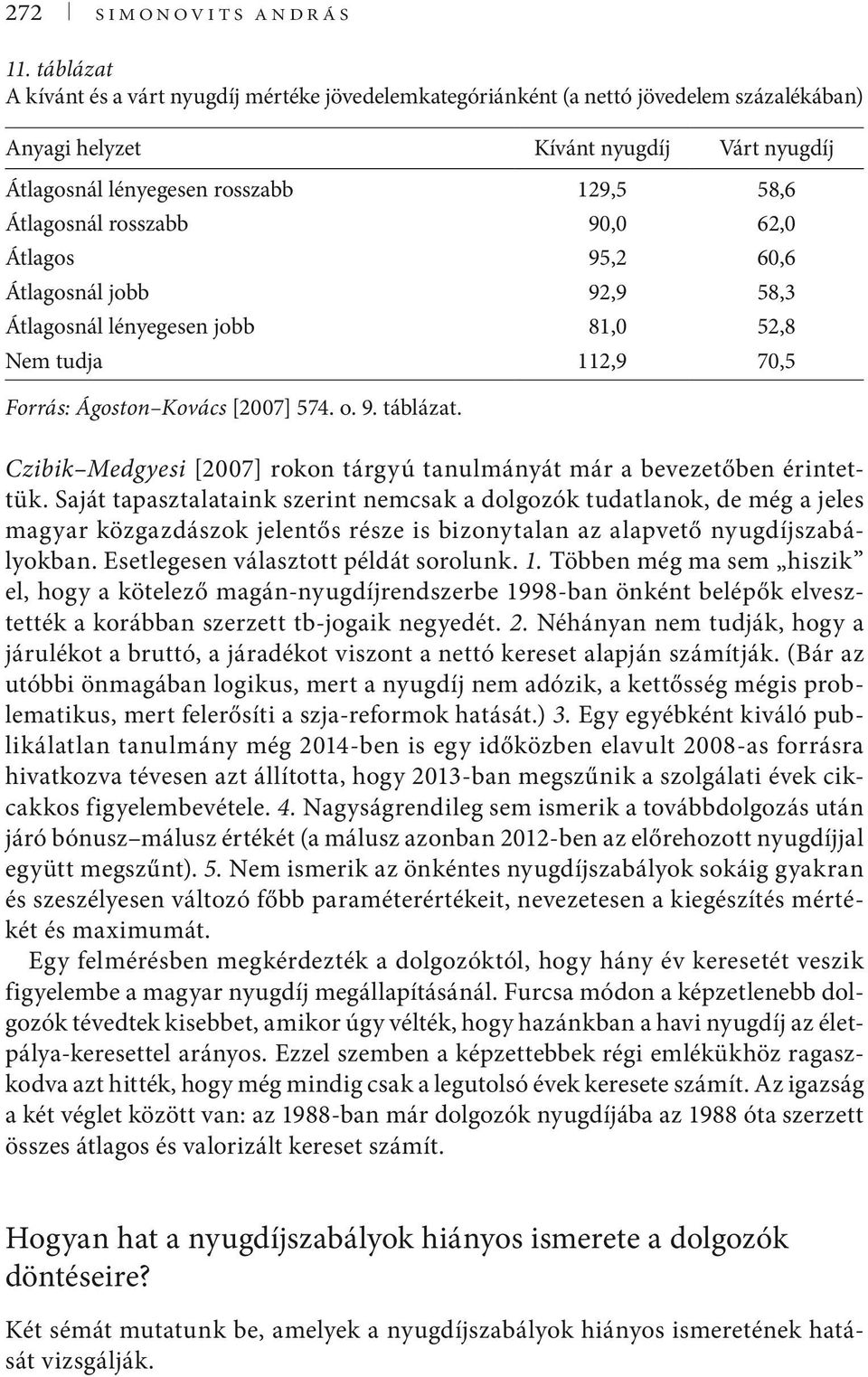 rosszabb 90,0 62,0 Átlagos 95,2 60,6 Átlagosnál jobb 92,9 58,3 Átlagosnál lényegesen jobb 81,0 52,8 Nem tudja 112,9 70,5 Forrás: Ágoston Kovács [2007] 574. o. 9. táblázat.